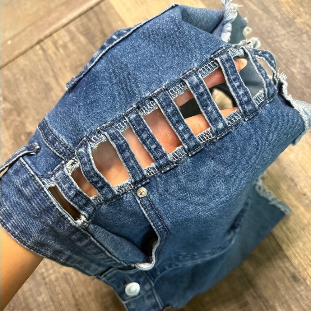 Windsor Blue Jean Shorts with Strap Accents - Picture 3 of 4
